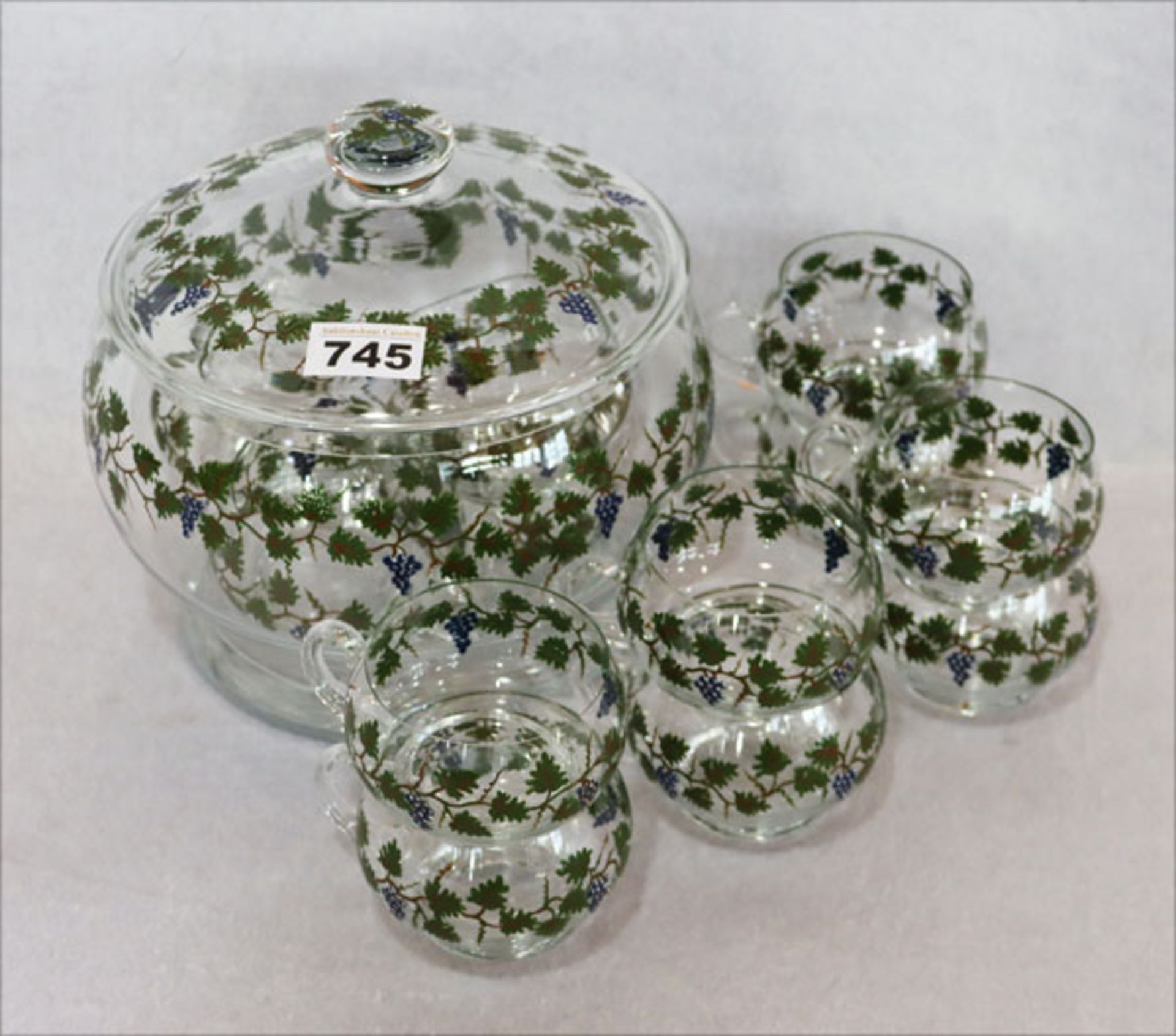 Dekorative Glas Bowle mit bemaltem Traubendekor und 12 passenden Bechern, H 21 cm, D 20 cm, guter