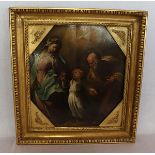 Gemälde ÖL/Holz 'Heilige Familie', um 1800, Holz hat Trocknungsrisse, Bildoberfläche beschädigt,
