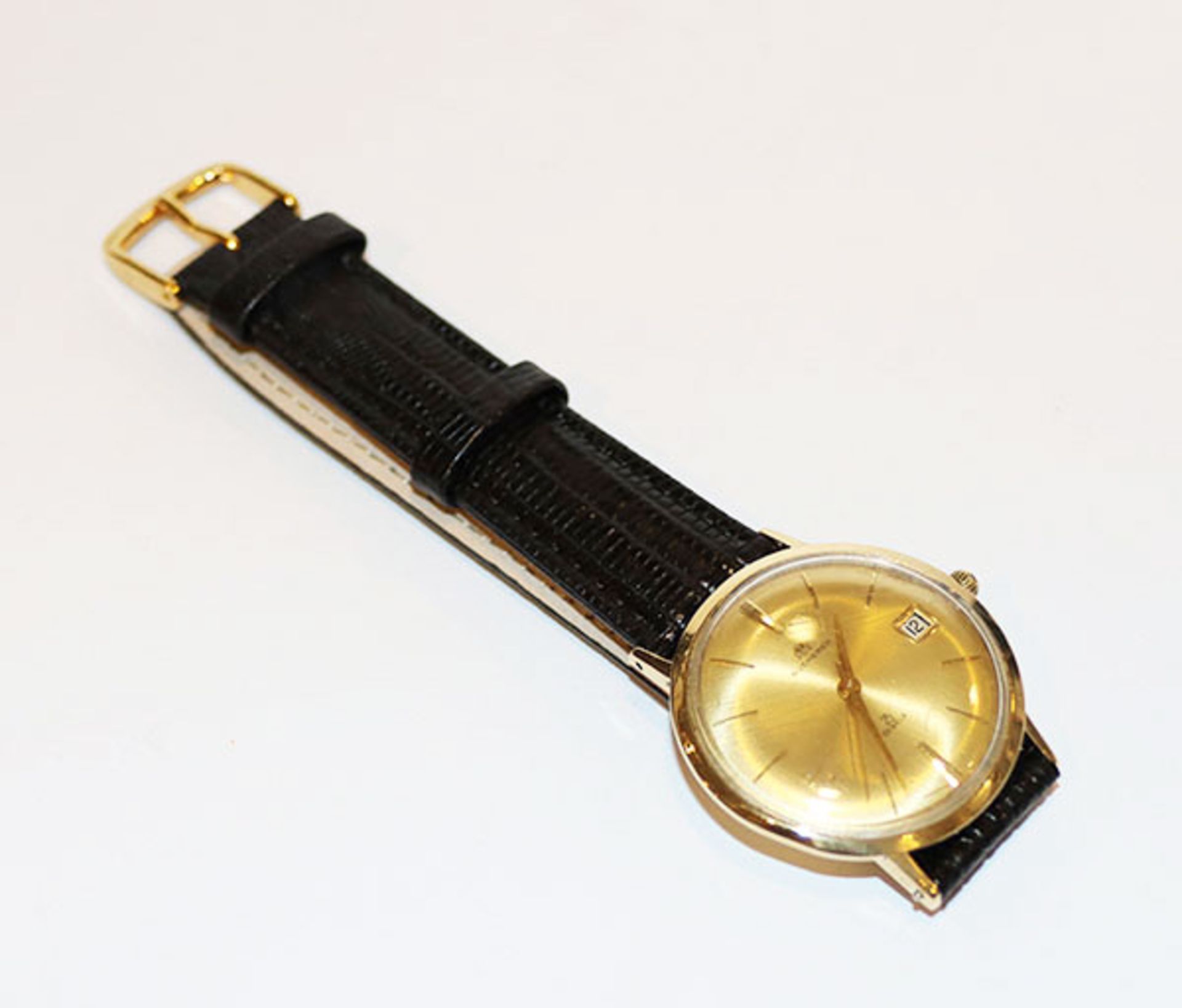 18 k Gelbgold Bucherer Herren Armbanduhr, automatik mit Datumsanzeige, intakt, an neuem