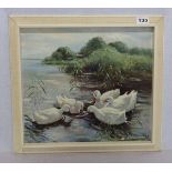 Gemälde ÖL/Hartfaser 'Enten am Ufer', signiert Brerkes ? 1967, gerahmt, Rahmen bestossen, incl.