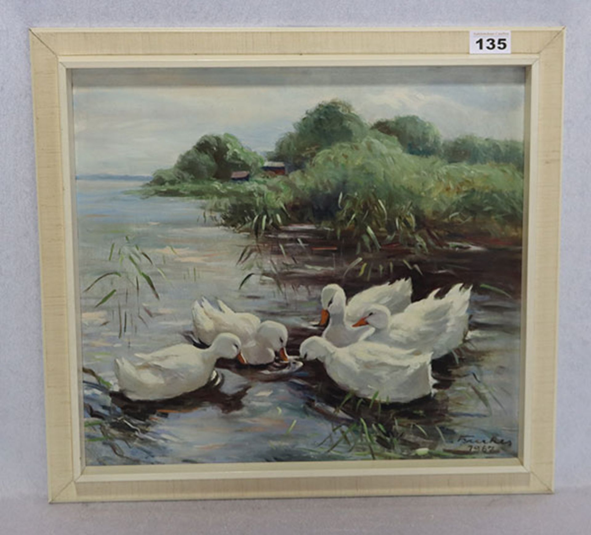 Gemälde ÖL/Hartfaser 'Enten am Ufer', signiert Brerkes ? 1967, gerahmt, Rahmen bestossen, incl.