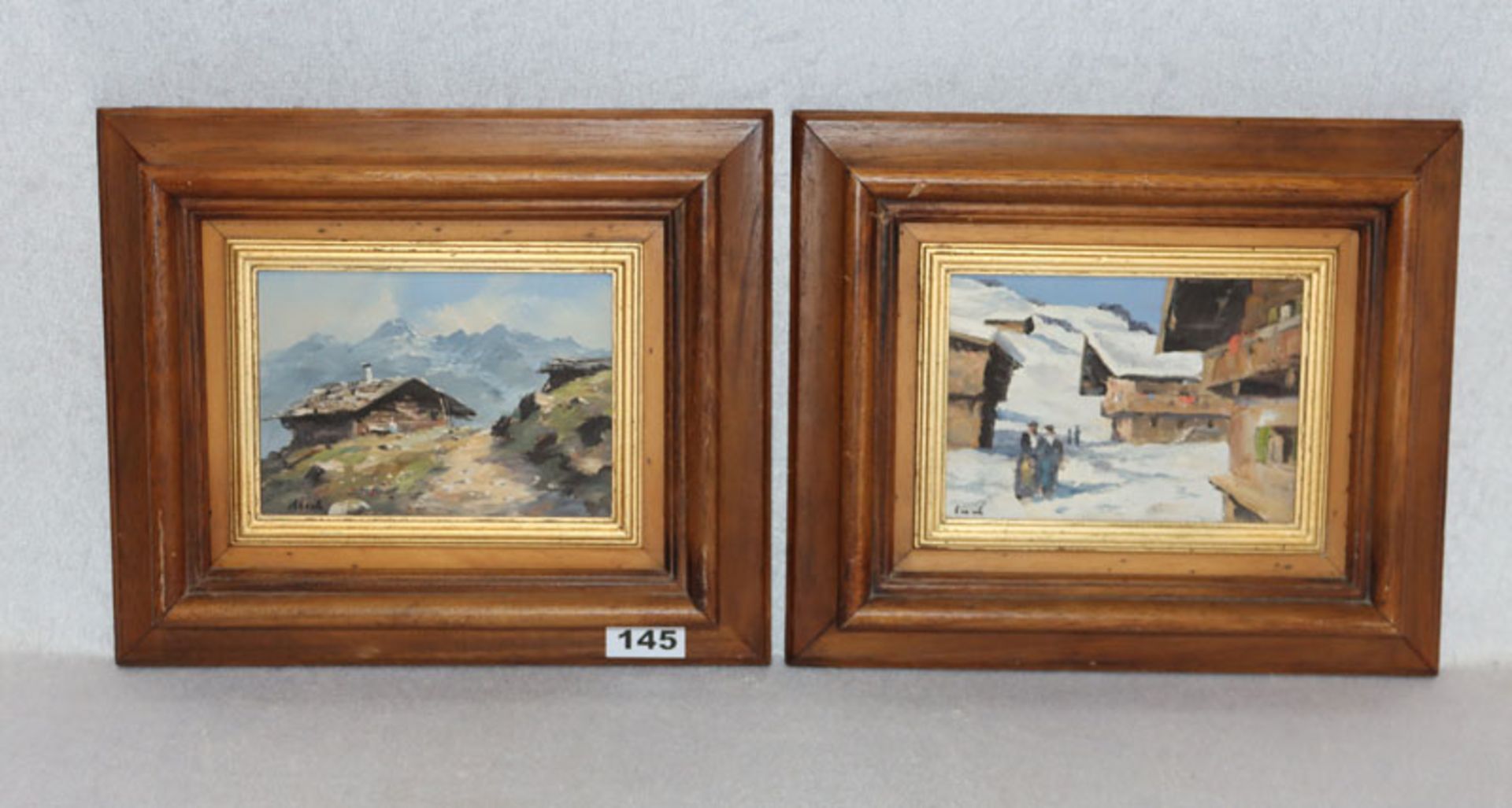 2 Gemälde ÖL/Malkarton 'Stadl im Hochgebirge' und 'Dorf-Szenerie im Winter', Kopie nach Walde, beide
