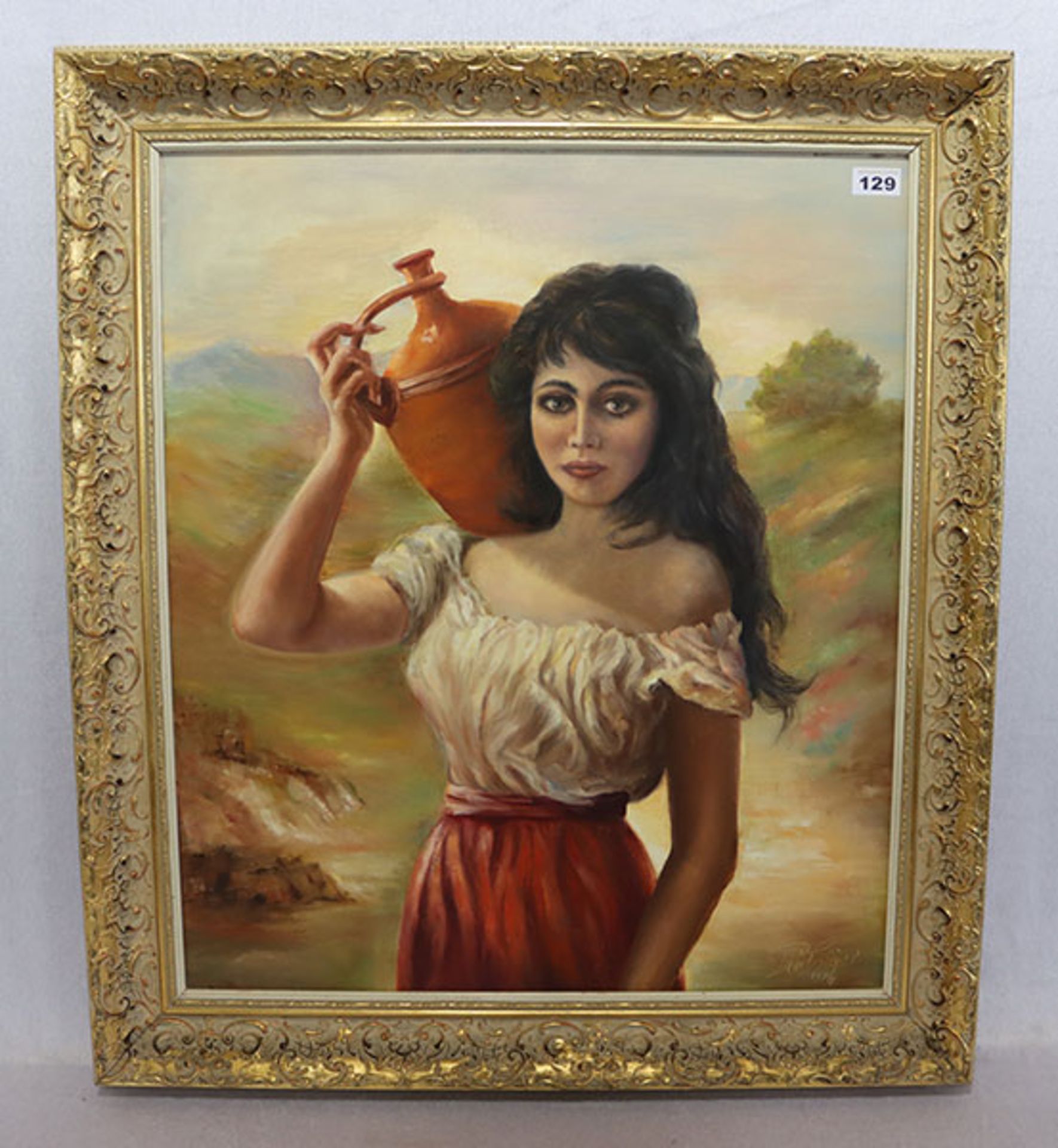 Gemälde ÖL/LW 'Frau mit Wasserkrug', undeutlich signiert und datiert 1976, gerahmt, incl. Rahmen