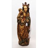 Holz Wandfigur 'Maria mit Kind', farbig gefaßt, Fassung teils beschädigt, H 76 cm, Altersspuren,