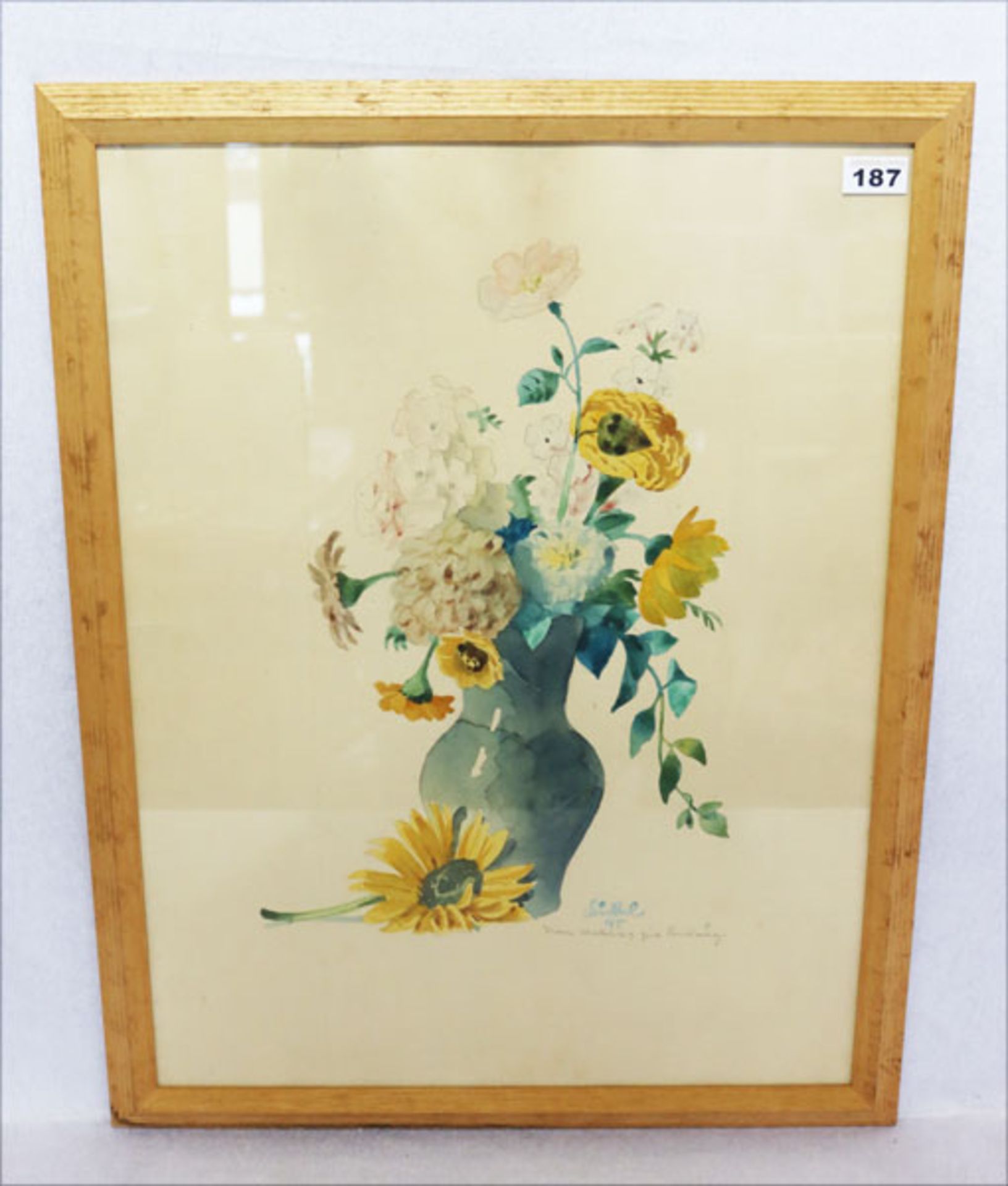 Aquarell 'Blumen in Vase', signiert Bickel 45, mit Widmung, Heinrich Bickel, Freskomaler, * 27.1.