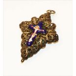 Filigraner Rosenkranz Kreuzanhänger mit Emaildekor, beschädigt, 5 cm x 3,5 cm, Alters- und