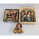 2 Hummel Wandbilder mit reliefierten Figuren, 16 cm x 14 cm und 13 cm x 13 cm, und Holz Putto,