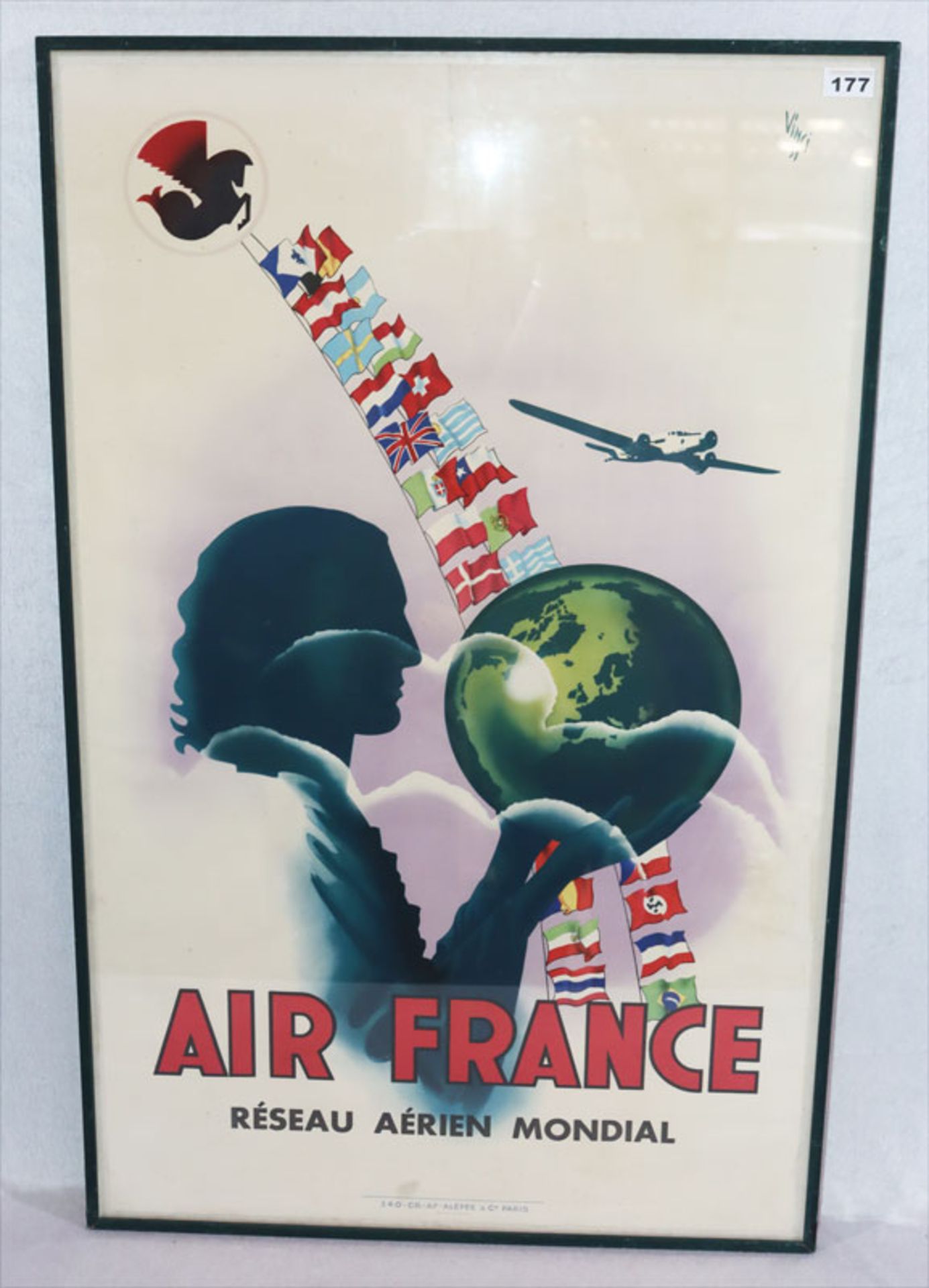 Plakat 'Air France Réseau Aérien Mondial', Vinci 37, unter Glas gerahmt, incl. Rahmen 102,5 cm x