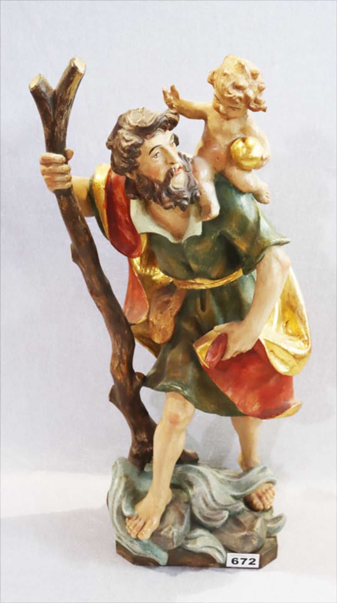 Holzfigur 'Hl. Christophorus', farbig gefaßt, teils mit Blattgold, H 59 cm, leicht berieben