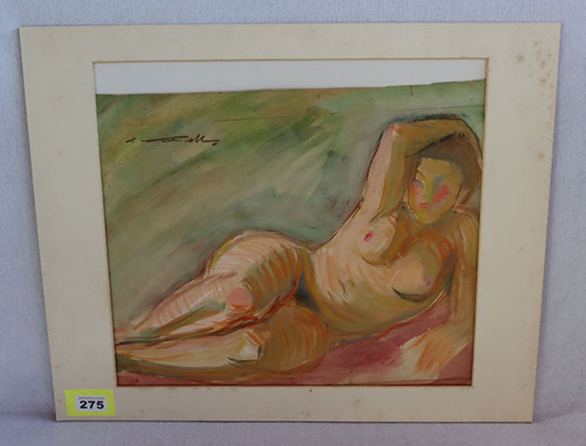 Aquarell 'Liegender Frauenakt', undeutlich sichniert, in Passepartout, 47 cm x 58 cm
