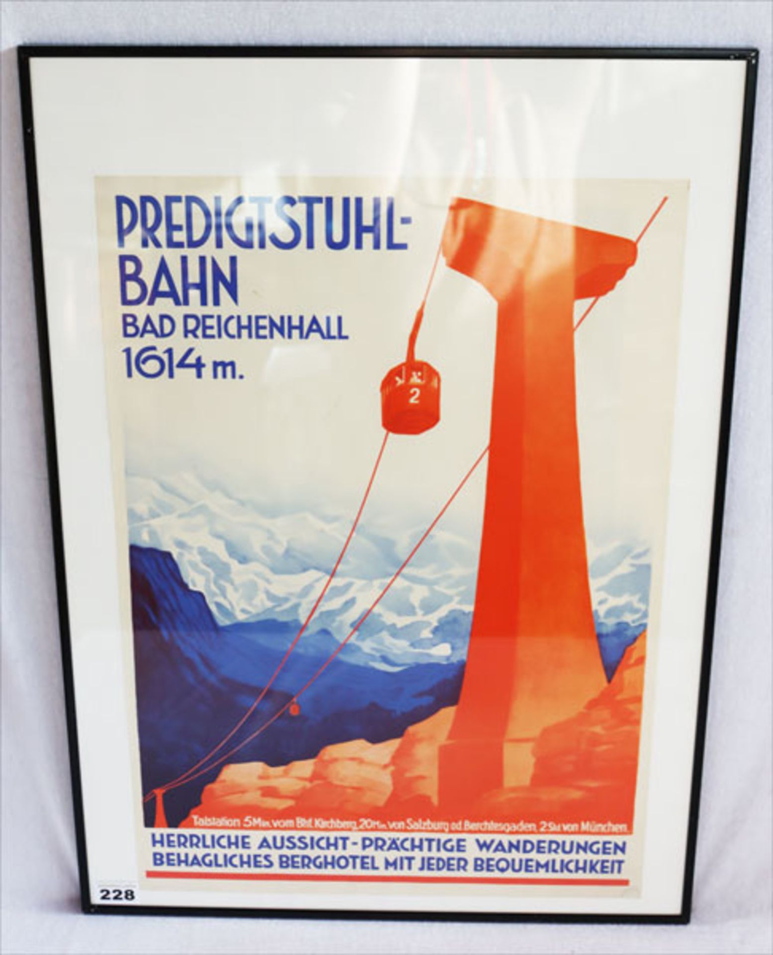 Plakat 'Predigstuhlbahn Bad Reichenhall 1614 m.', ca. 1936, unter Glas gerahmt, incl. Rahmen 71 cm x