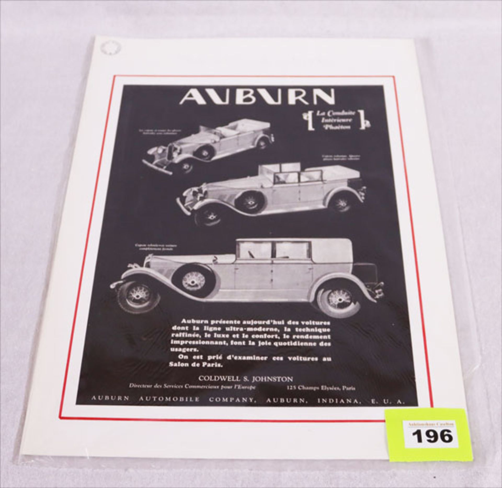 Plakat 'Auburn Automobile Company', published 1928, in Passepartout, 45 cm x 32,5 cm