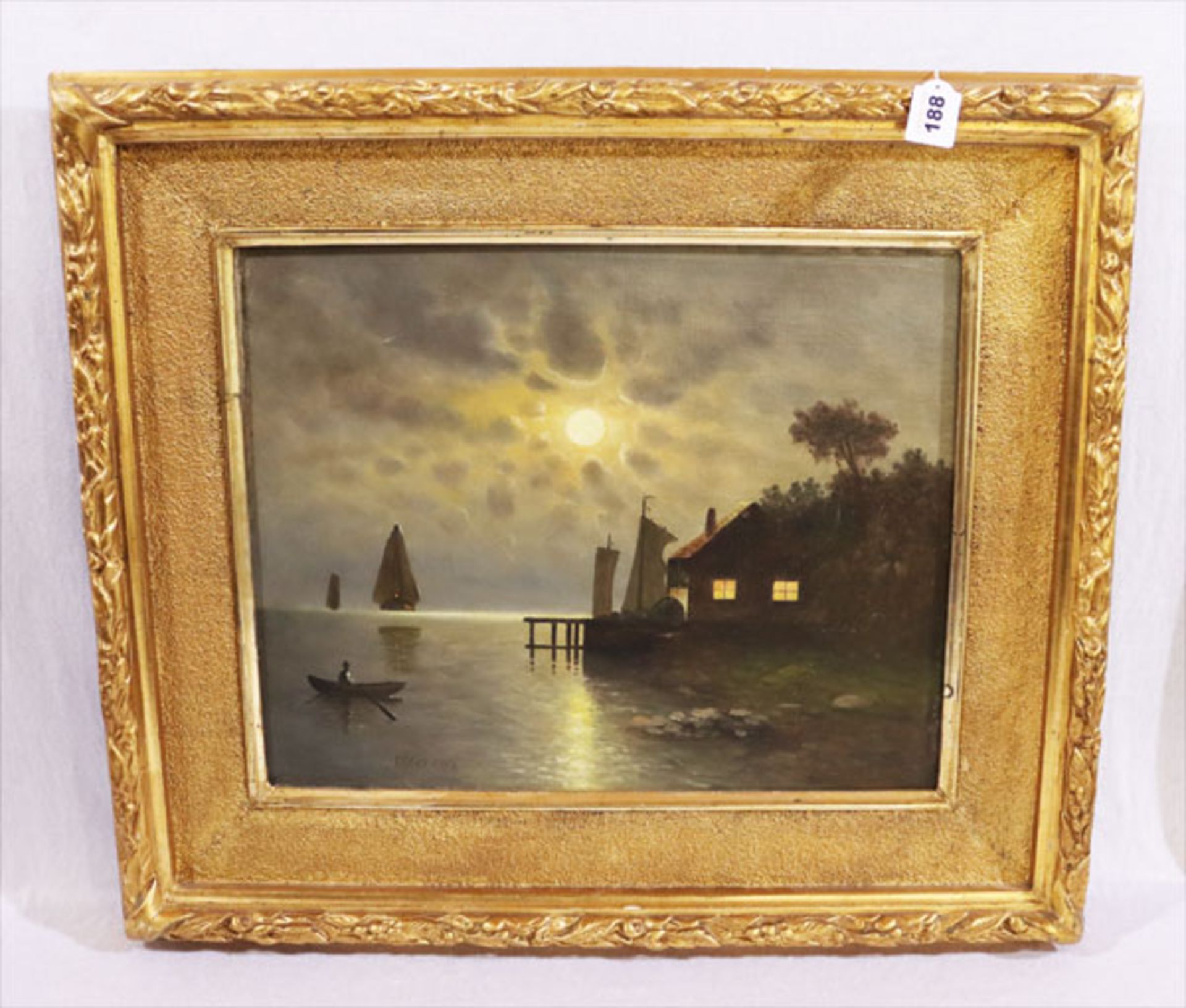 Gemälde ÖL/LW 'Nächtliche Szene mit Haus am See und Segelboot im Mondschein', signiert Moser,