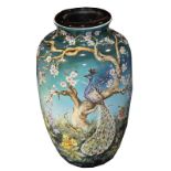 Keramik Bodenvase mit asiatischem Dekor, Kirschblüten und Pfau, H 63 cm, D 31 cm