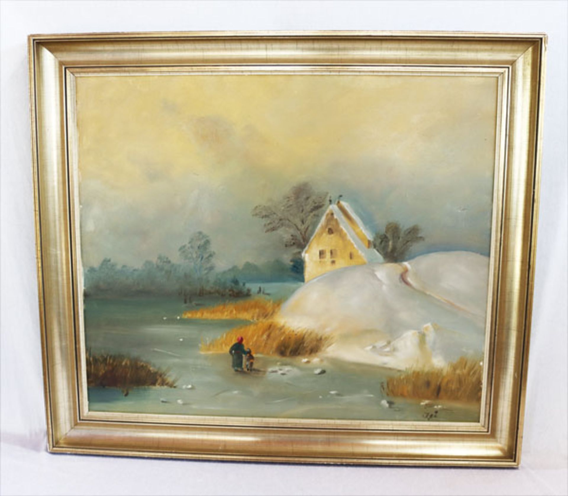 Gemälde ÖL/LW 'Winterlandschaft mit Haus', bez. Isi ?, gerahmt, Rahmen bestossen, incl. Rahmen 72 cm