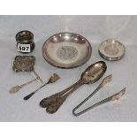 Silber Konvolut: Schale und 6 kleine Schälchen, 2 Löffel, Väschen, Eiszange, Aschenbecher, u. a.