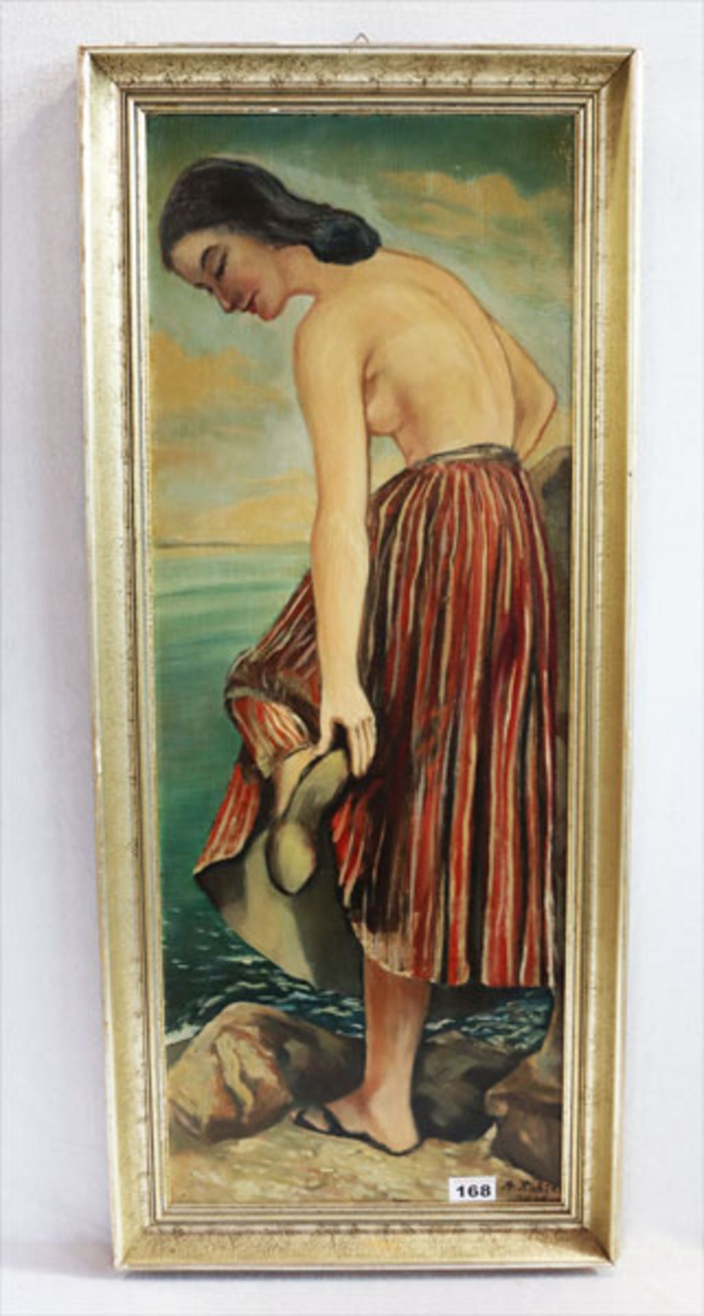 Gemälde ÖL/Holz 'Frau am Strand', signiert A. Richter, 1948 ?, gerahmt, Rahmen beschädigt, incl.