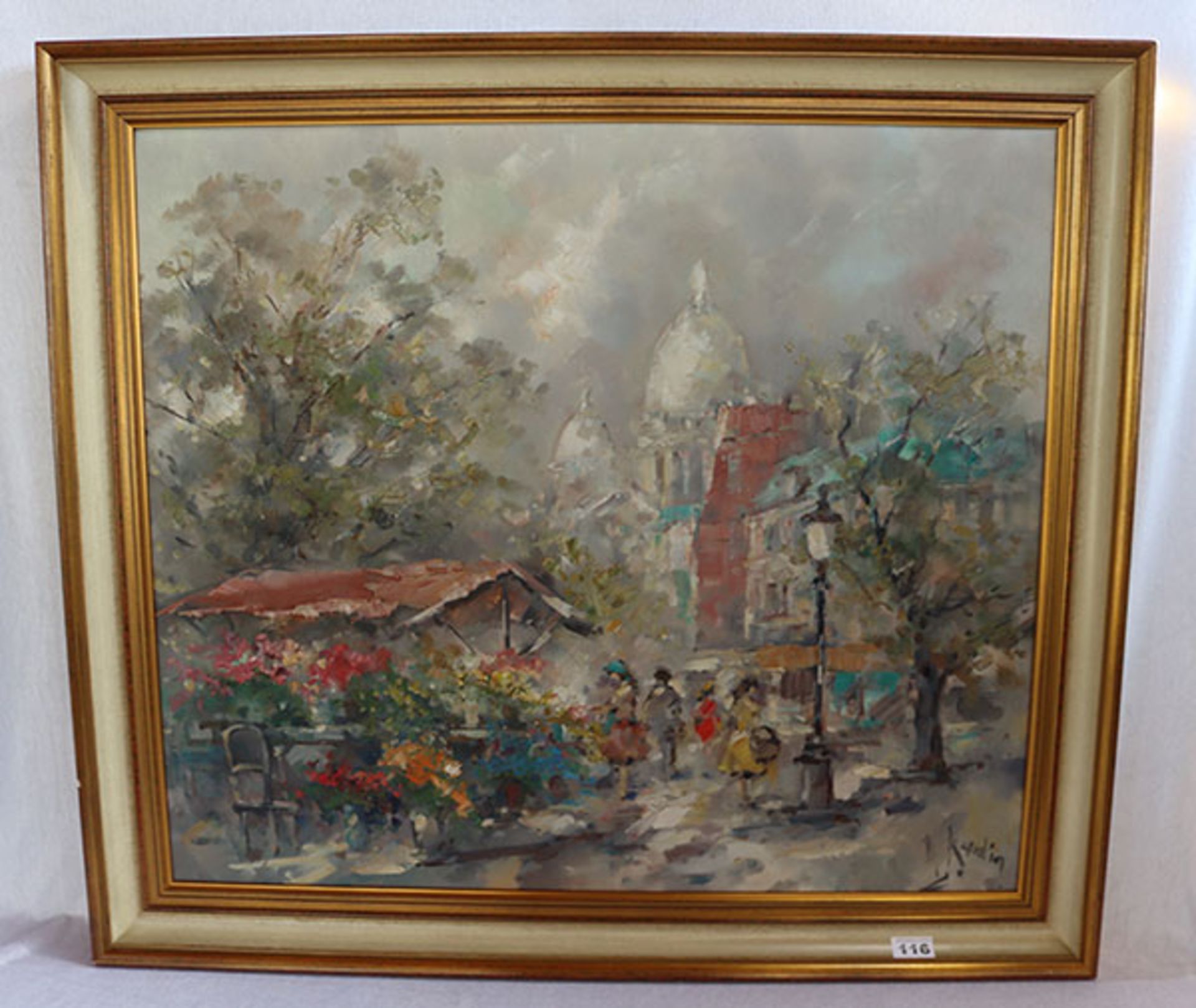 Gemälde ÖL/LW 'Pariser Blumenmarkt mit Sacre Coeur', signiert A. Kardin, Alexander Kardin, * 1917