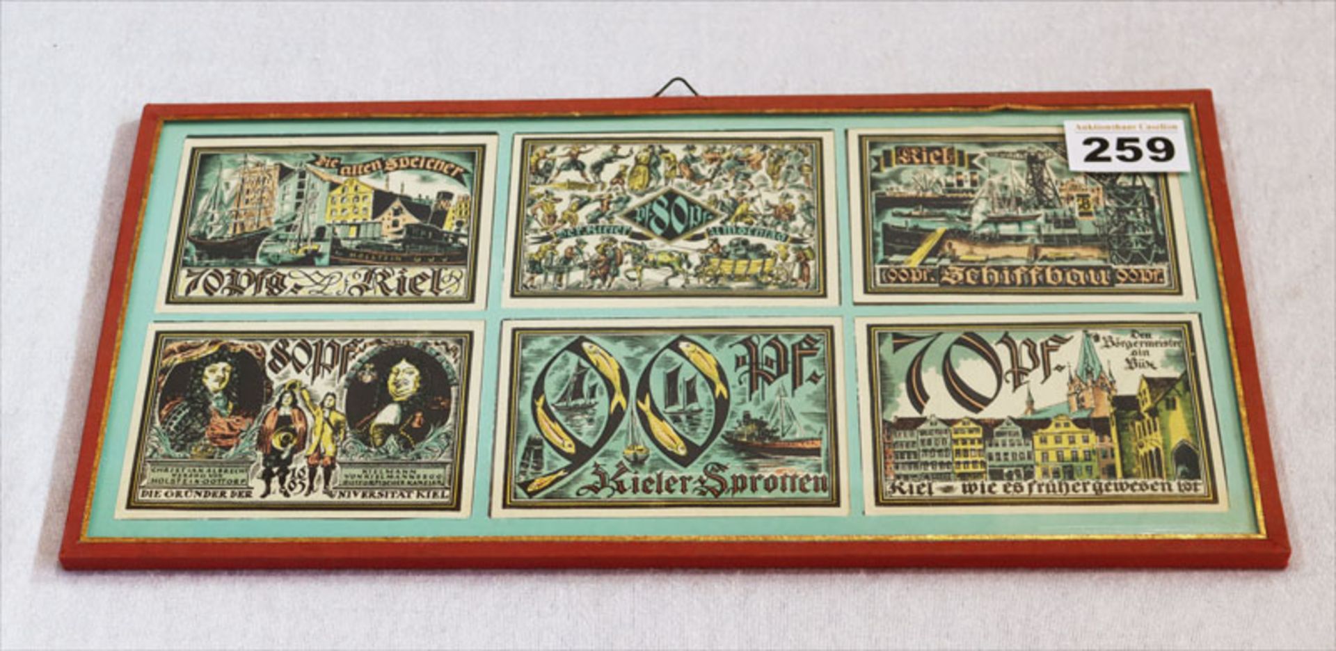 Sammlung von Notgeldscheinen von Kiel, doppelt verglast, 17,5 cm x 35 cm