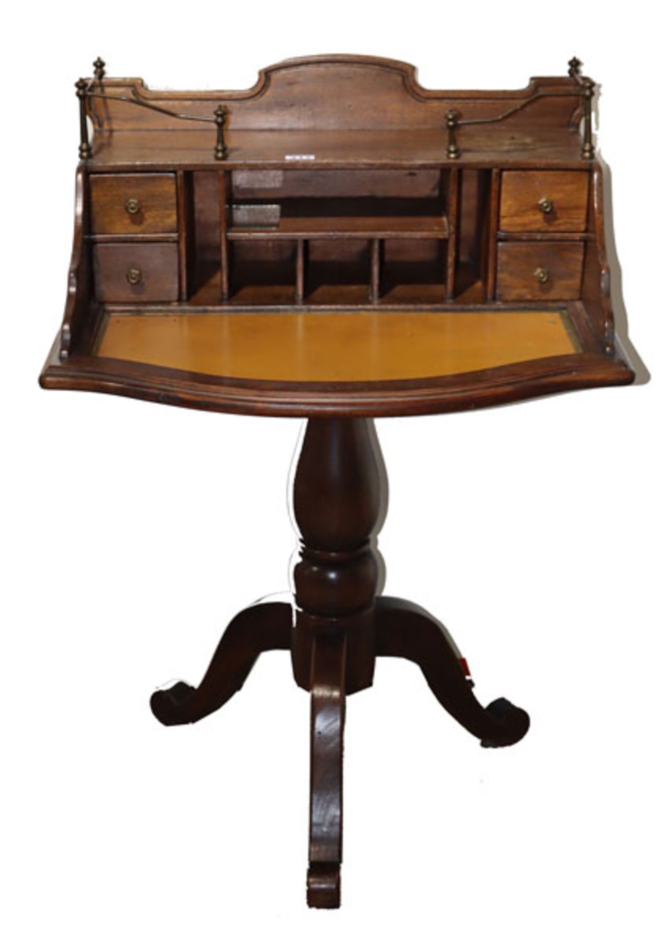 Damen-Schreibtisch auf gedrechseltem Mittelfuß mit 3 Beinen, Korpus mit 4 Schüben und diversen