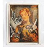 Gemälde ÖL/Malkarton 'Frau mit Tauben', Bildoberfläche beschädigt/verkratzt, gerahmt, Rahmen