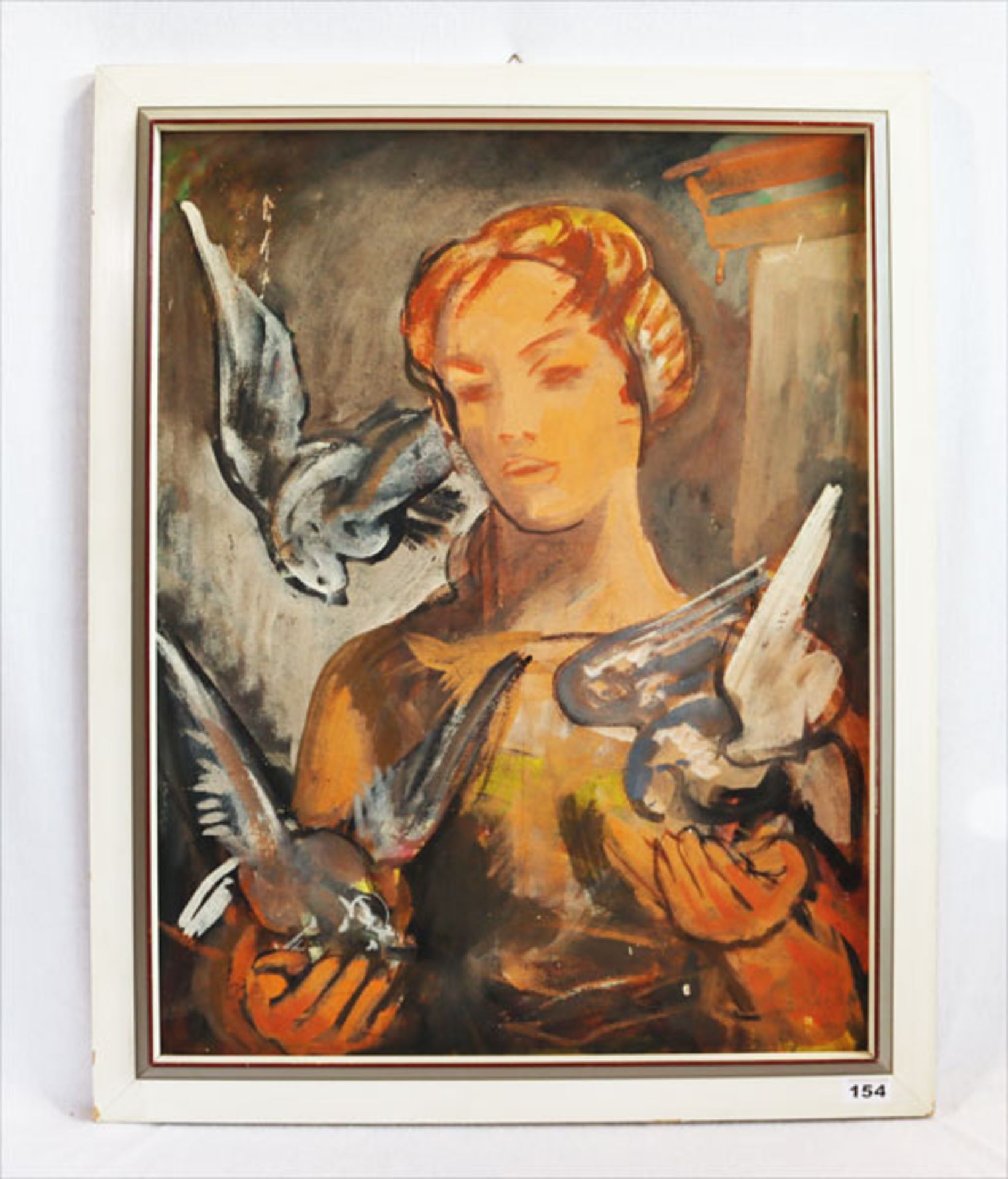 Gemälde ÖL/Malkarton 'Frau mit Tauben', Bildoberfläche beschädigt/verkratzt, gerahmt, Rahmen