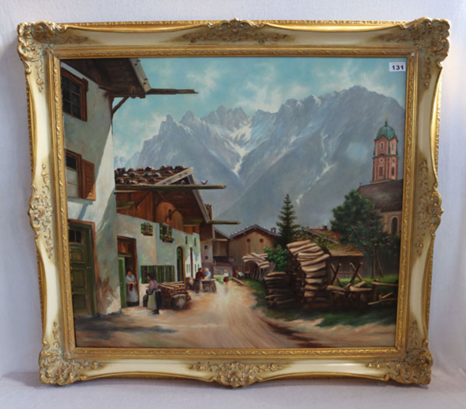 Gemälde ÖL/LW 'Mittenwald vor Karwendel', gerahmt, Rahmen bestossen, incl. Rahmen 87 cm x 98 cm