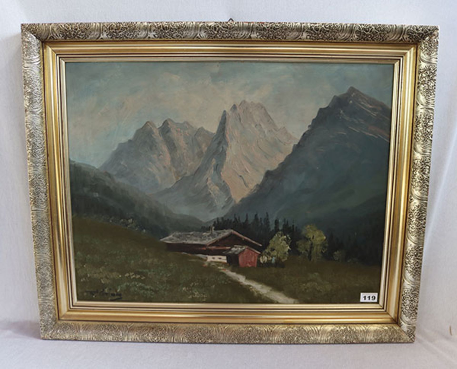 Gemälde ÖL/Malkarton 'Hochgebirgs-Szenerie', signiert T. Grimm, gerahmt Rahmen teils berieben, incl.