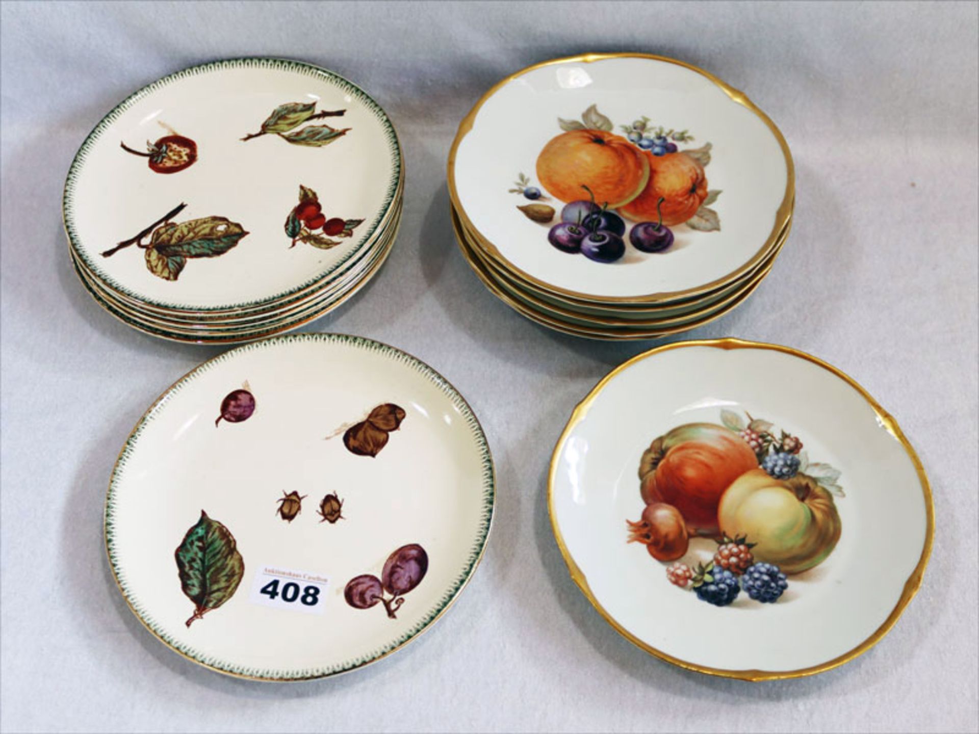 6 Keramik Teller, Hoisy Le Rox, mit Früchtedekor, D 20 cm und 6 Schumann Porzellanteller mit