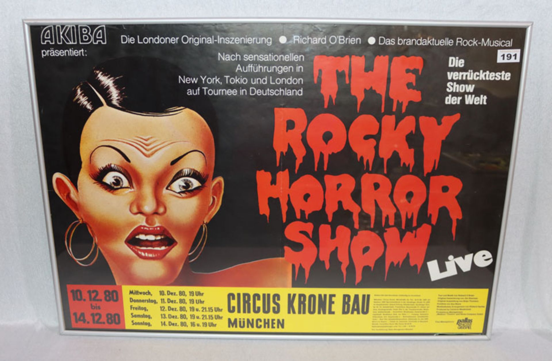 Plakat 'The Rocky Horror Show', in Circus Krone Bau, 1980, unter Glas gerahmt, 60 cm x 84 cm