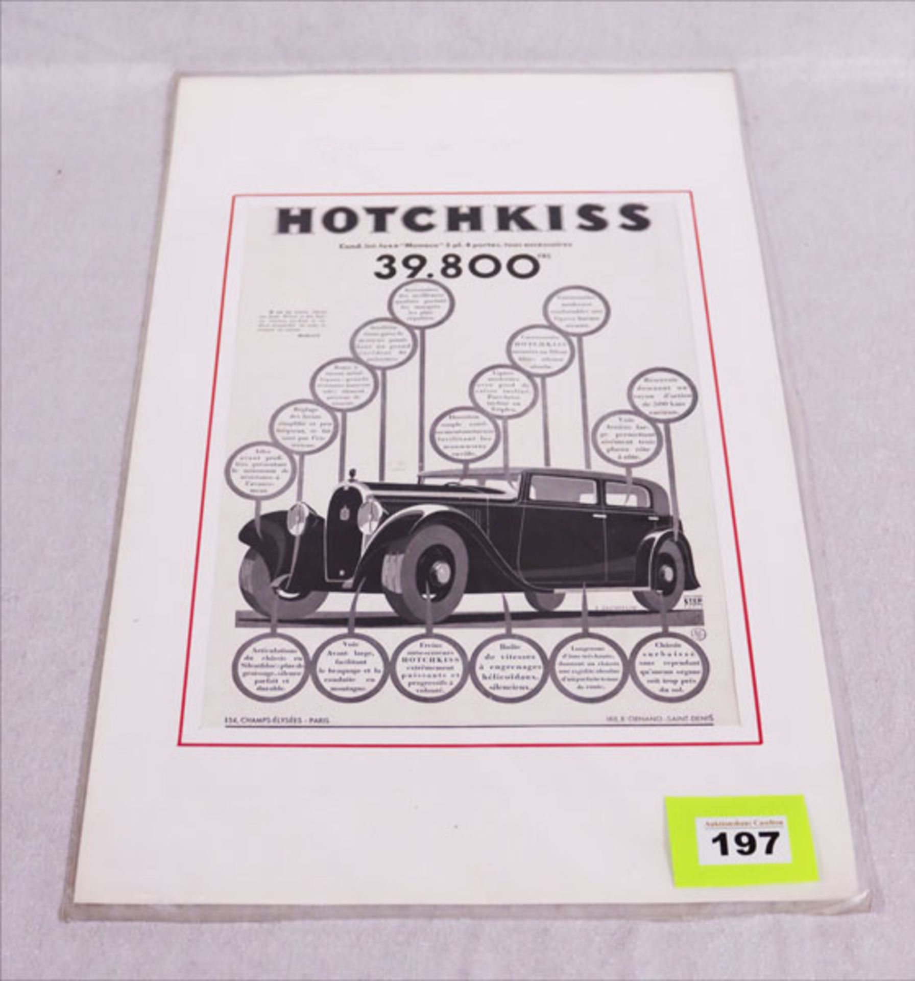 Plakat 'Hotkiss', französisches Autoplakat, Edition Step, Paris, 1933, mit Passepartout, 50 cm x