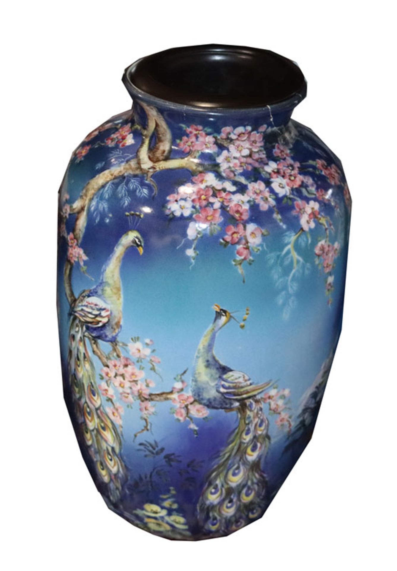 Keramik Bodenvase mit asiatischem Dekor, Kirschblüten und Pfau, H 63 cm, D 31 cm