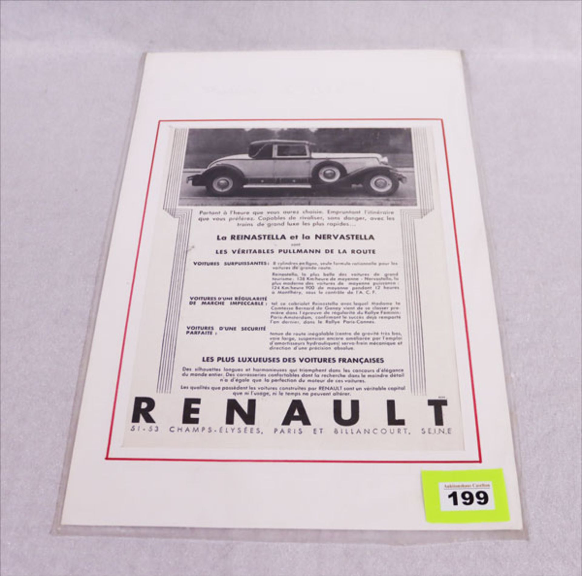 Plakat 'La Reinastella et la Nervastella - Renault', 1931, in Passepartout, 50 cm x 32,5 cm