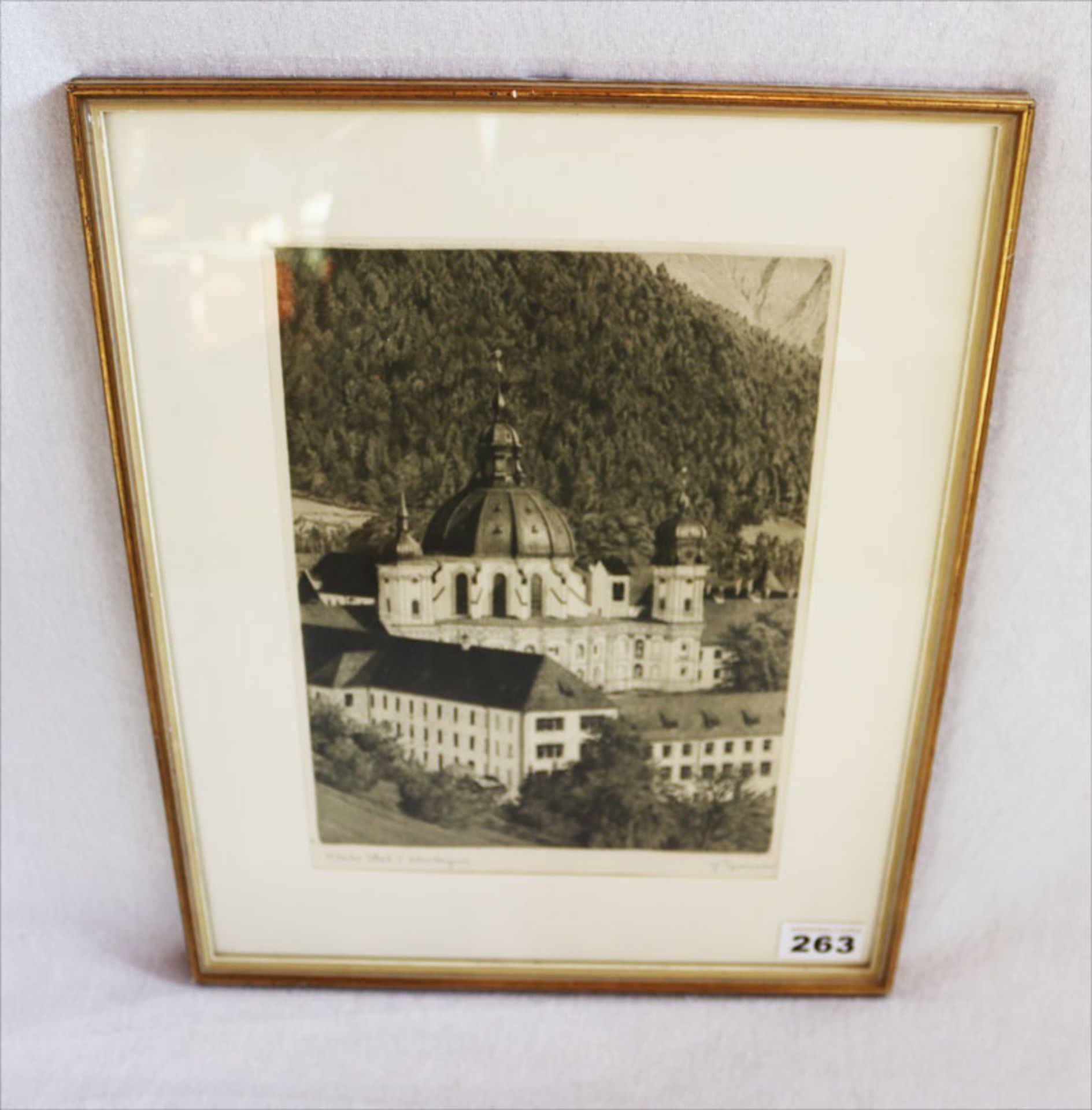 Stich 'Kloster Ettal, Oberammergau', signiert Sponnier ?, mit Passepartout unter Glas gerahmt,