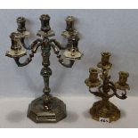 Kerzenleuchter, 5-armig, versilbert, H 40 cm, D 34 cm, und Messing Kerzenleuchter, 3-armig in