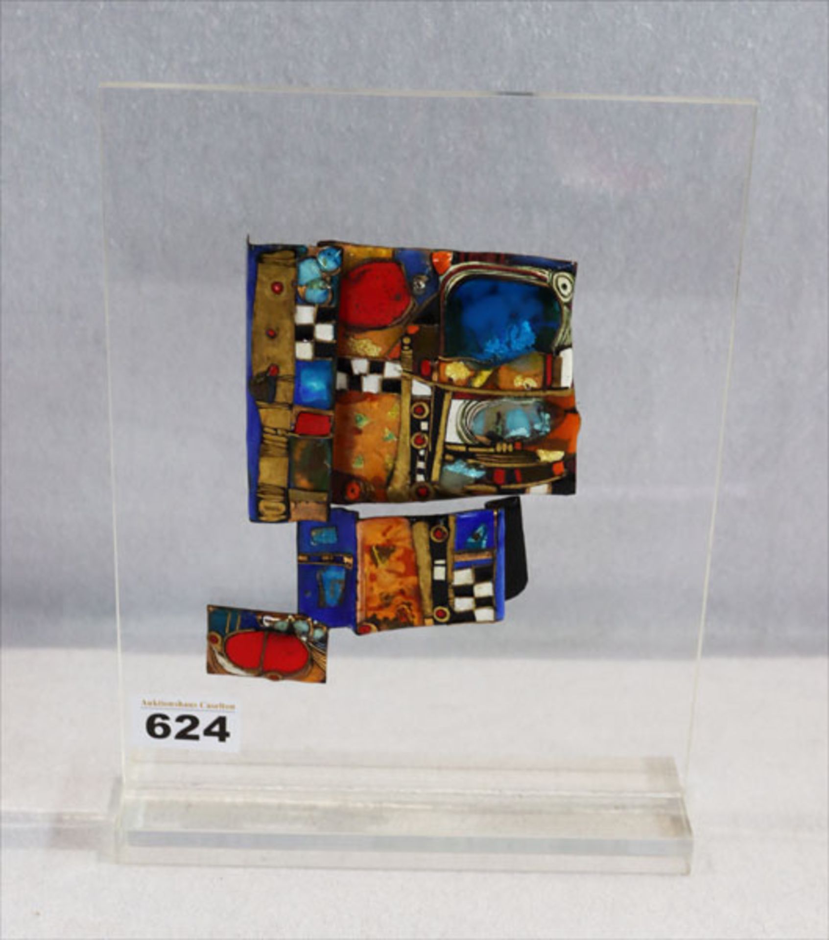 Kunstobjekt Emailarbeit auf Acrylständer, unbekannter Künstler/in, H 26,5 cm, B 20 cm