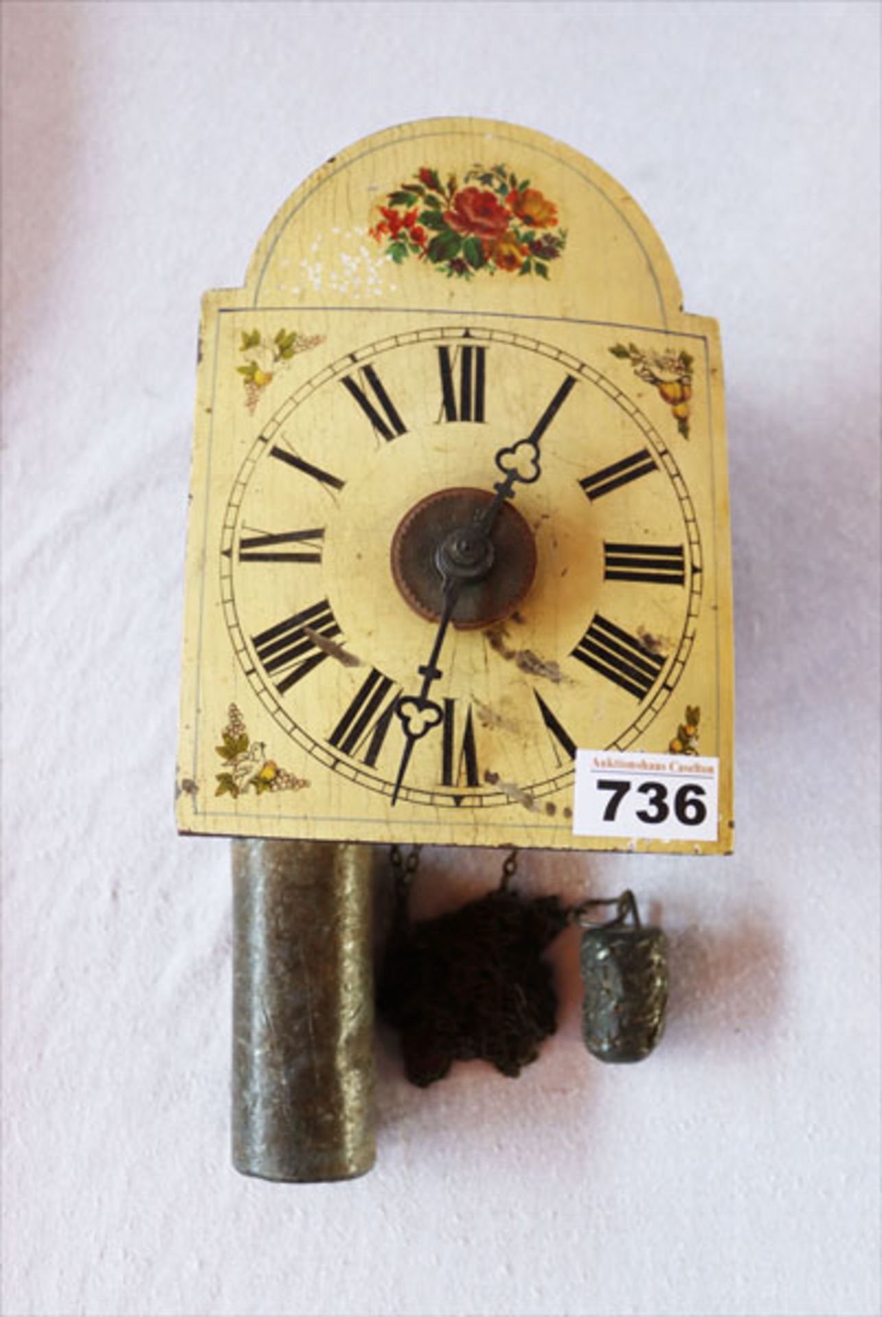 Wand Schildblattuhr mit Wecker, Blumendekor, 2 Gewichte, Funktion nicht geprüft, H 20 cm, B 14,5 cm,