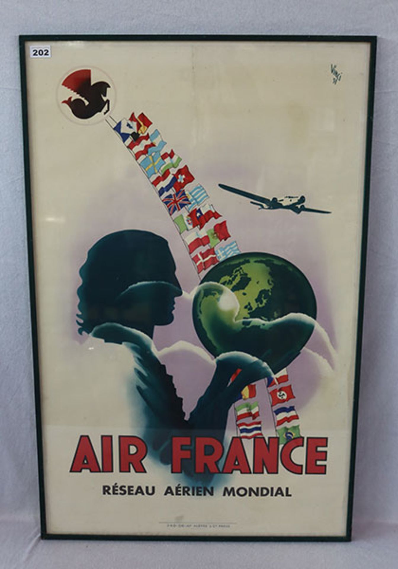 Plakat 'Air France Réseau Aérien Mondial', Vinci 37, unter Glas gerahmt, incl. Rahmen 102,5 cm x