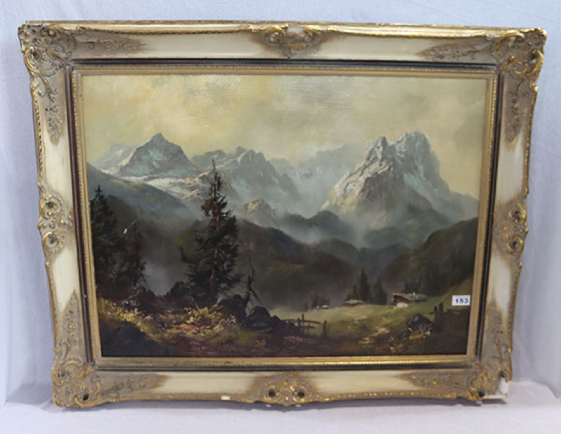 Gemälde ÖL/LW 'Wettersteingebirge', signiert C. Collins, gerahmt, Rahmen beschädigt, incl. Rahmen 78