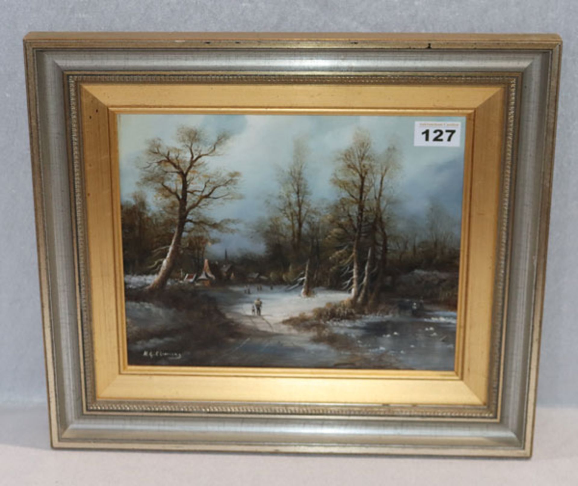 Gemälde ÖL/Holz 'Winterlandschaft mit Dorf und Figurenstaffagen', signiert H. G. Climing ?, gerahmt,