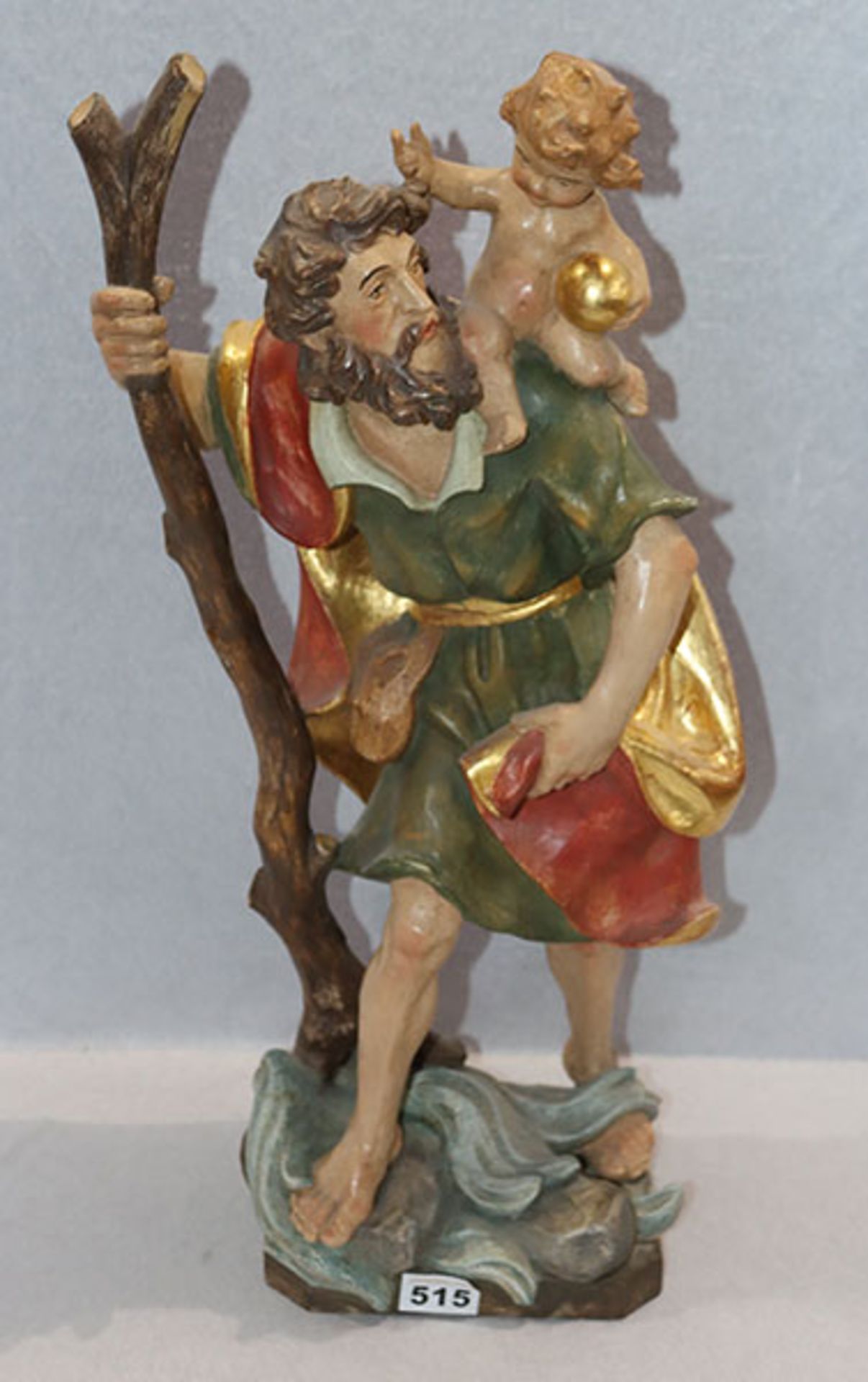 Holzfigur 'Hl. Christophorus', farbig gefaßt, teils mit Blattgold, H 59 cm, leicht berieben