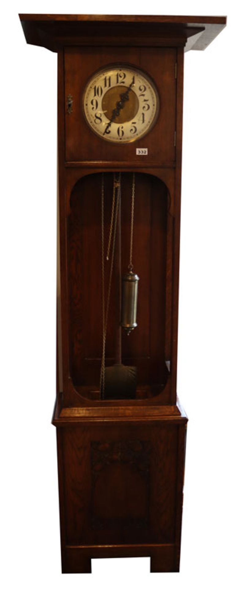 Holz Standuhr, teils beschnitzt, mit Pendel und 2 Gewichten, Funktion nicht geprüft, H 215 cm, B