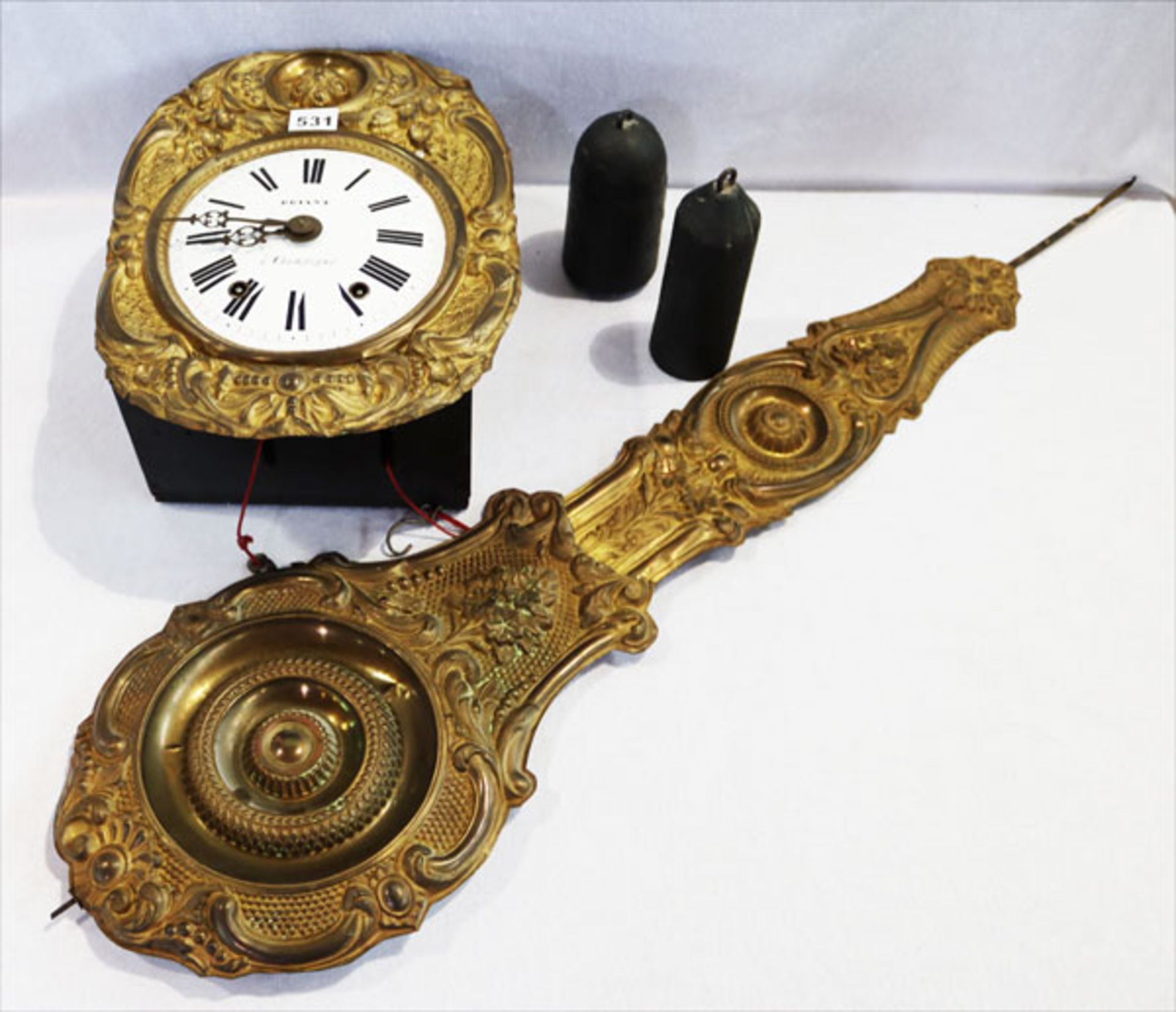 Comtoise Uhr, Briant á Champigné, mit Pendel und 2 Gewichten, Funktion nicht geprüft, Uhr H 45 cm, B