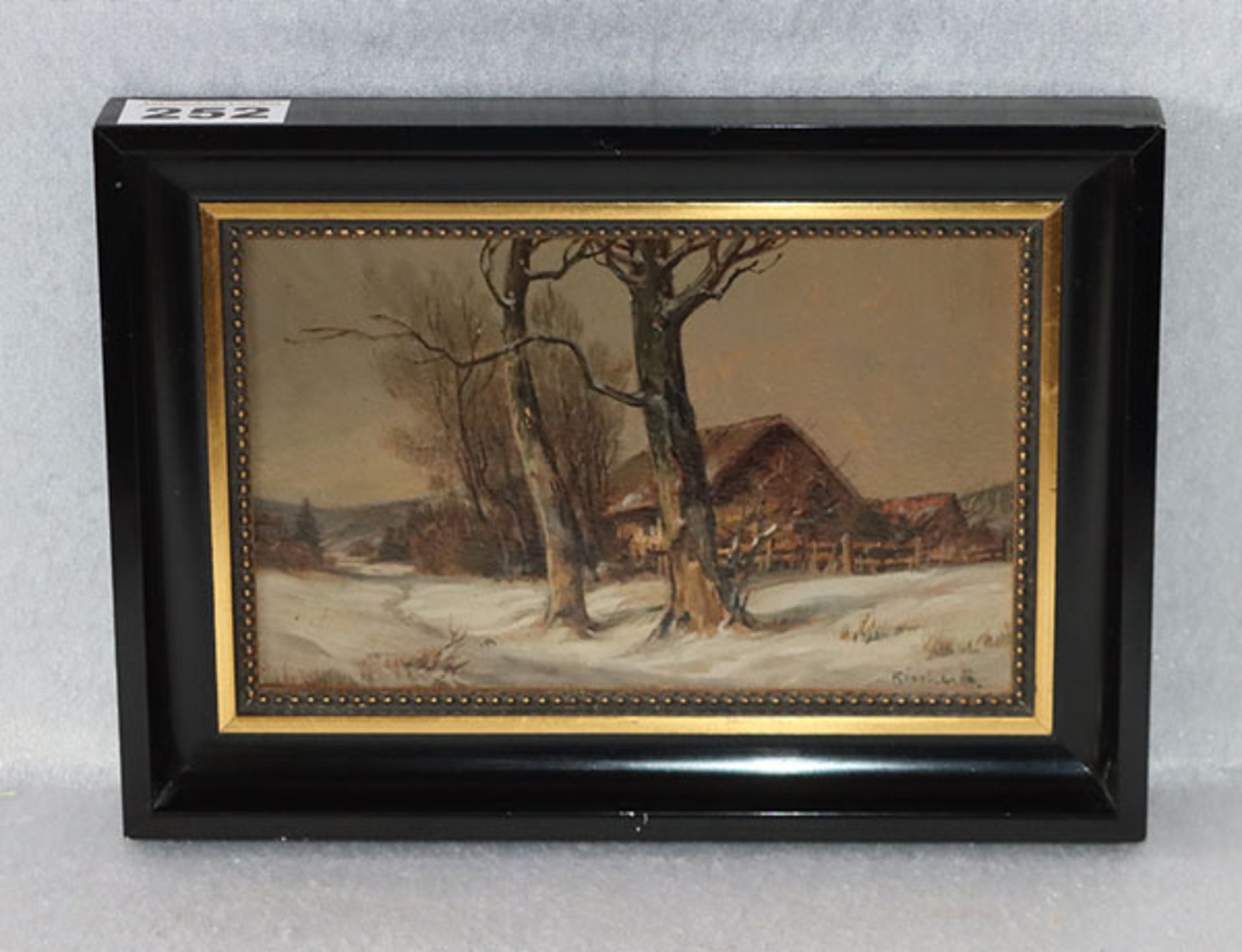 Gemälde ÖL/Malkarton 'Winterlandschaft mit Haus', undeutlich signiert, gerahmt, Rahmen bestossen,