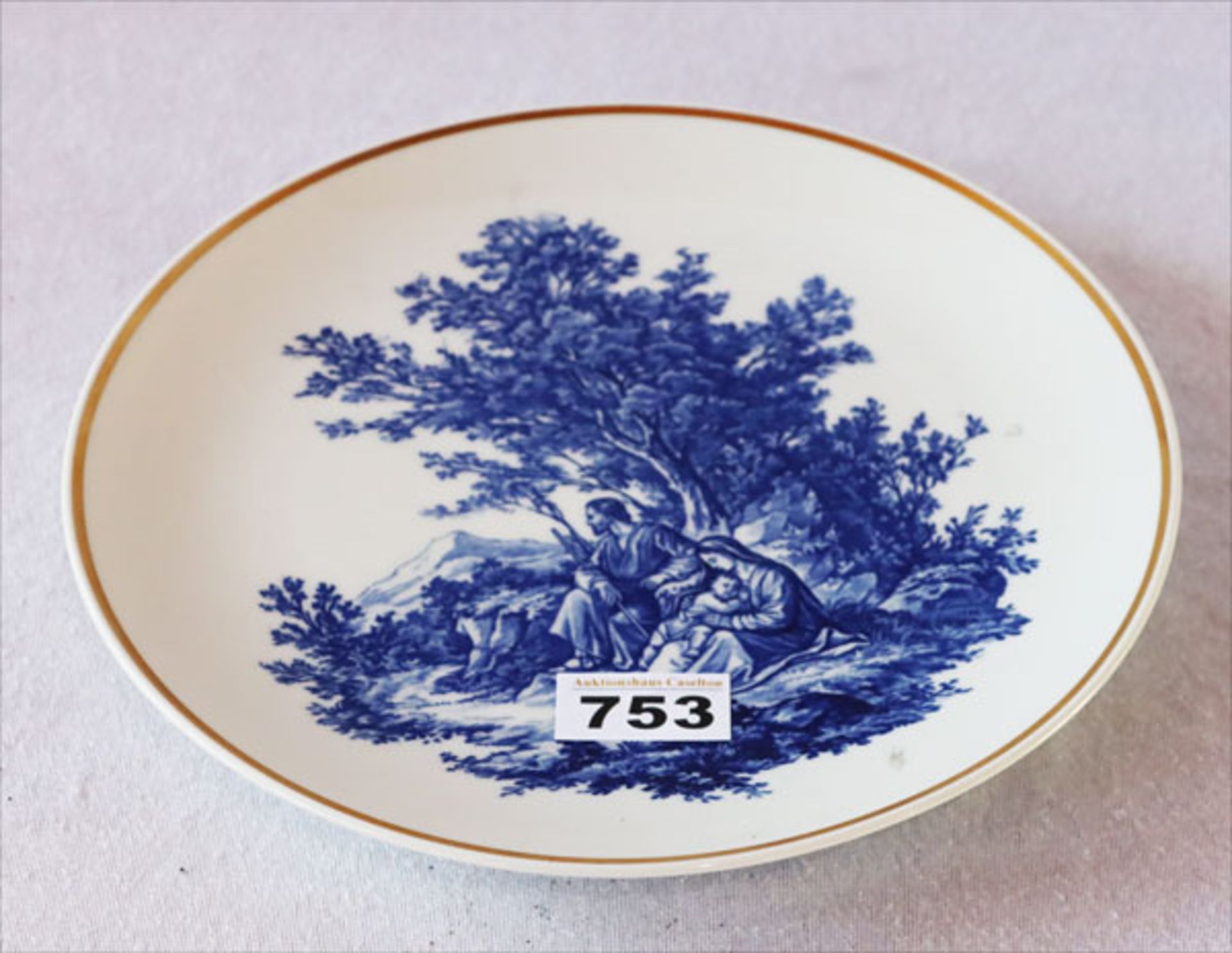 Meissen Wandteller mit blauem Bildnis 'Heilige Familie', Goldrand, D 25,5 cm