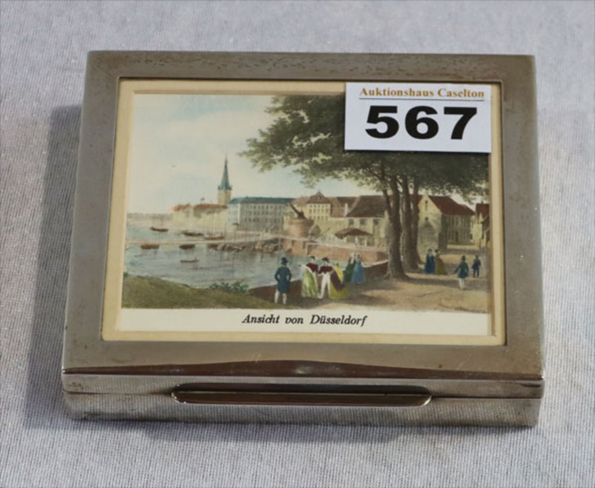 Zigarrettendose, Sterlingsilber mit Holzeinlage, Deckel mit 'Ansicht von Düsseldorf', H 3 cm, B 12