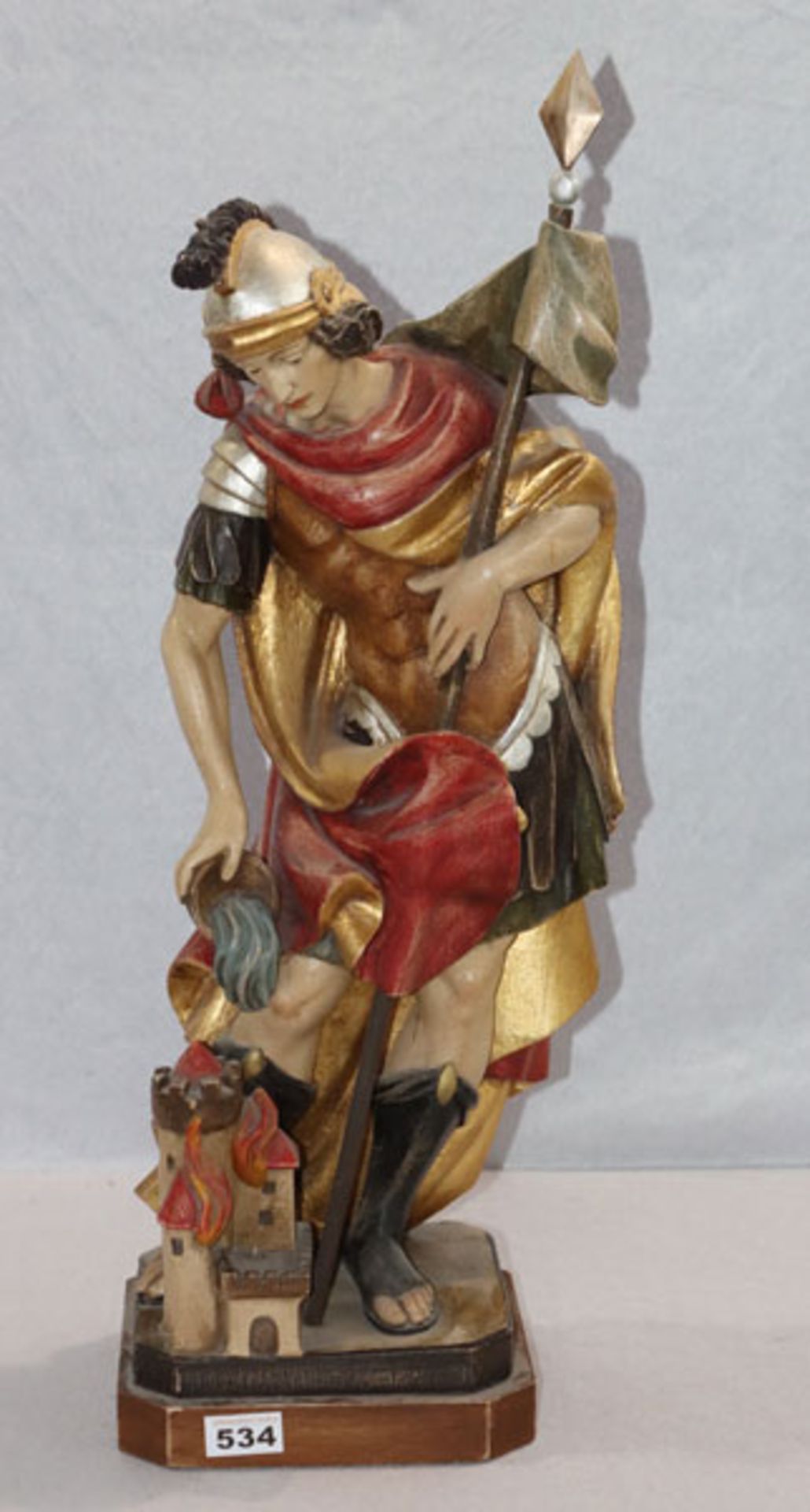 Holzfigur 'Heiliger Florian', farbig gefaßt, Trocknungsrisse, H 69 cm