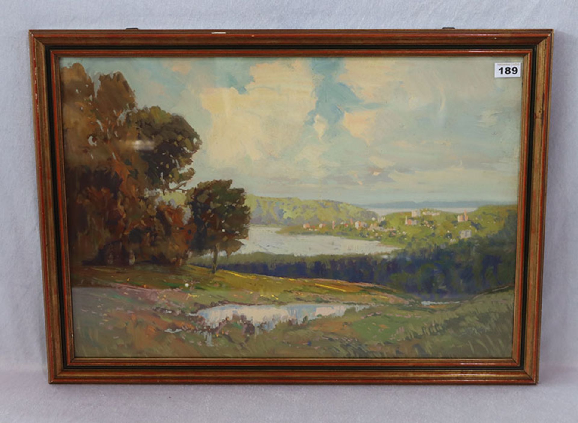 Gemälde ÖL/Malkarton 'Landschafts-Szenerie', undeutlich signiert, datiert 1930, unter Glas