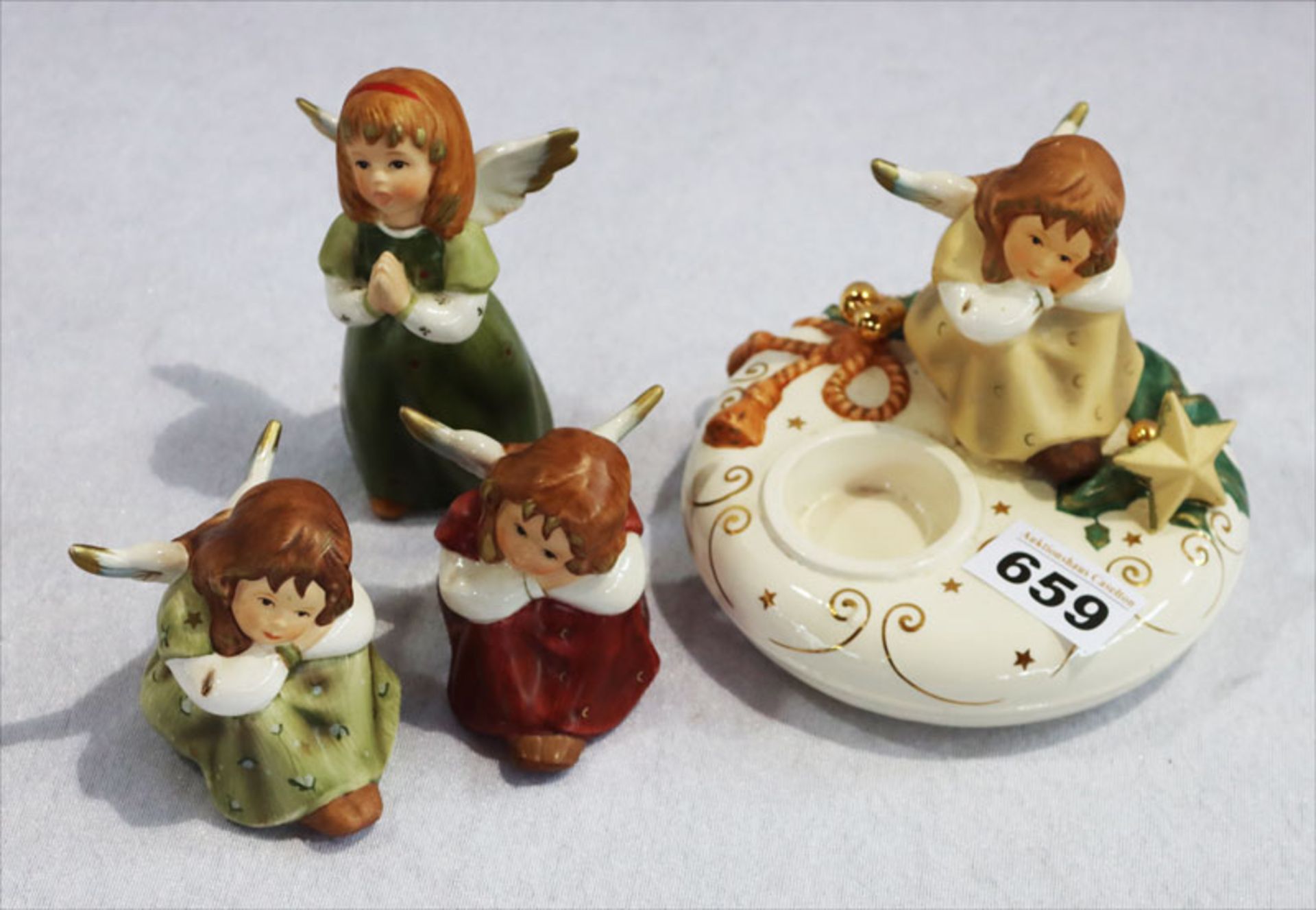 Konvolut: Goebel Teelichthalter mit Engel, Nr. 44 027, H 11,5 cm, D 13,5 cm, sowie 2 sitzenden Engel