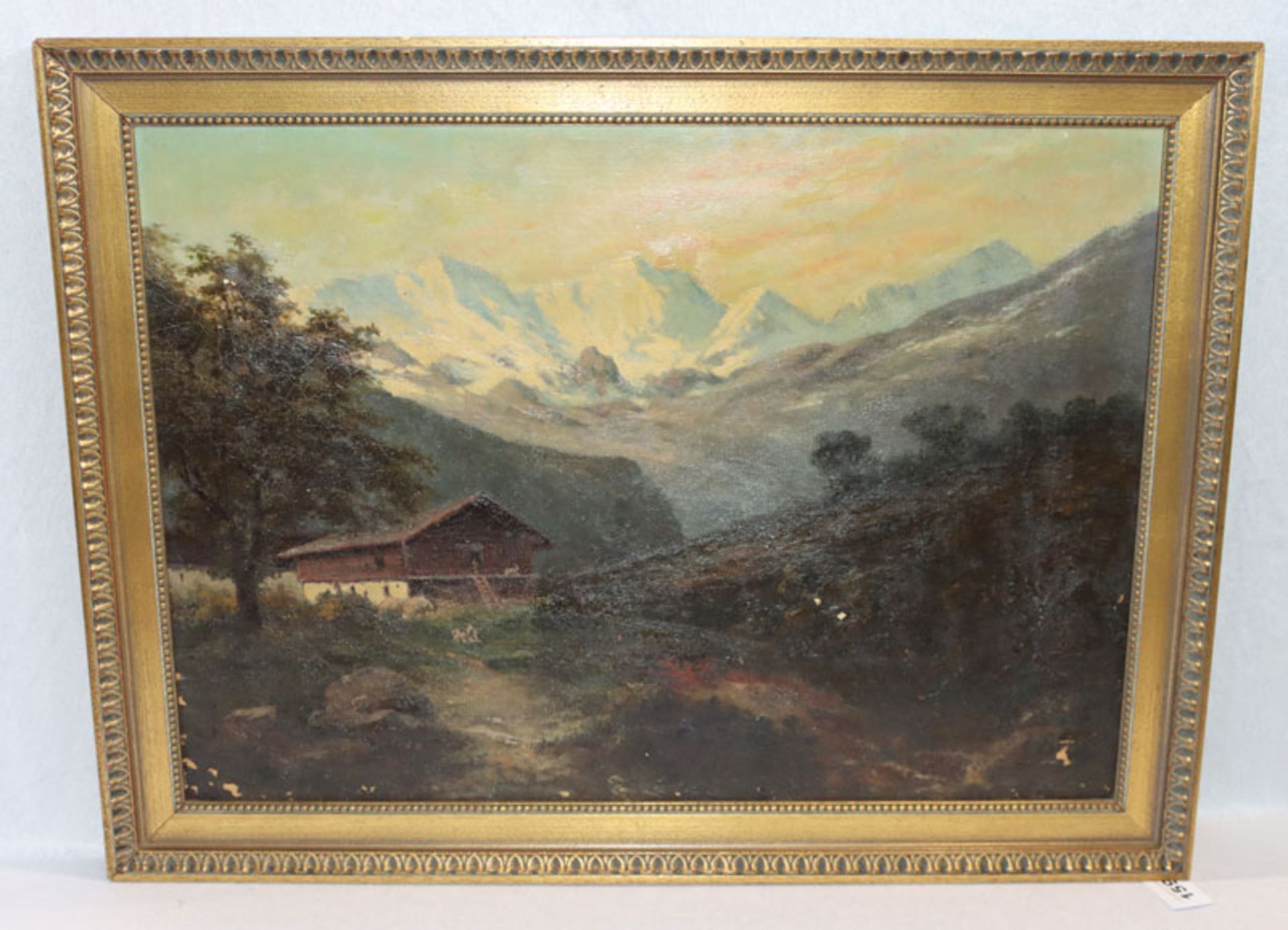 Gemälde ÖL/LW 'Haus im Hochgebirge', Bildoberfläche hat Farbablösungen und ist krakeliert,